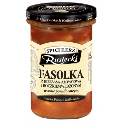 Fasolka z kiełbasą jałowcową i boczkiem wędz. w sosie pomidor 470g Rusiecki