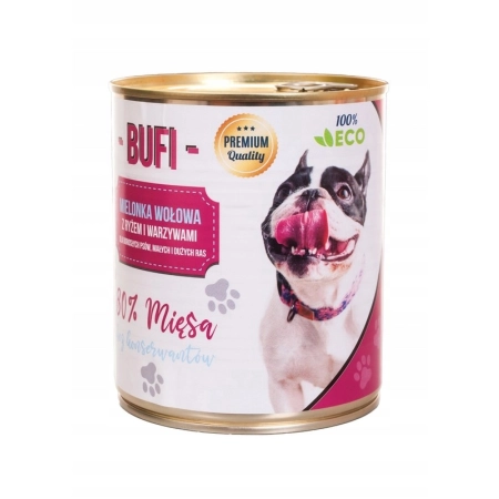 karma dla psa mielonka wołowa z ryżem i warzywami Bufi 830g Podrobex